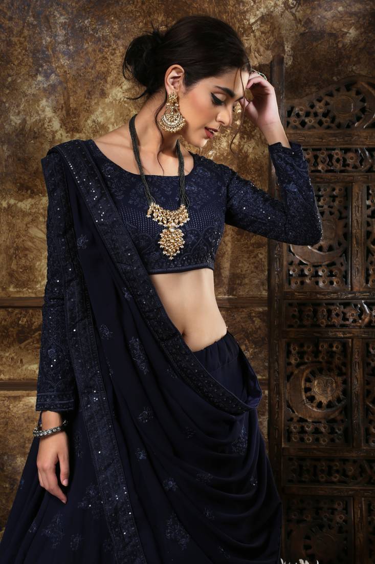 Blue Embroidered Georgette Semi Stitched Lehenga Choli