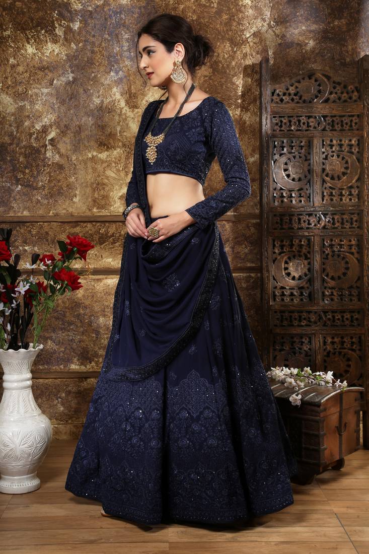 Blue Embroidered Georgette Semi Stitched Lehenga Choli