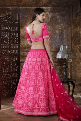 Pink Embroidered Silk Blend Semi Stitched Lehenga Choli 2