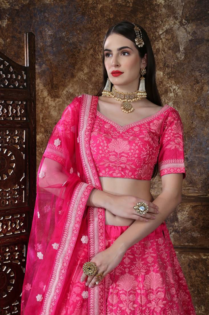 Pink Embroidered Silk Blend Semi Stitched Lehenga Choli
