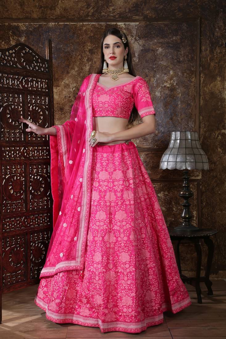 Pink Embroidered Silk Blend Semi Stitched Lehenga Choli