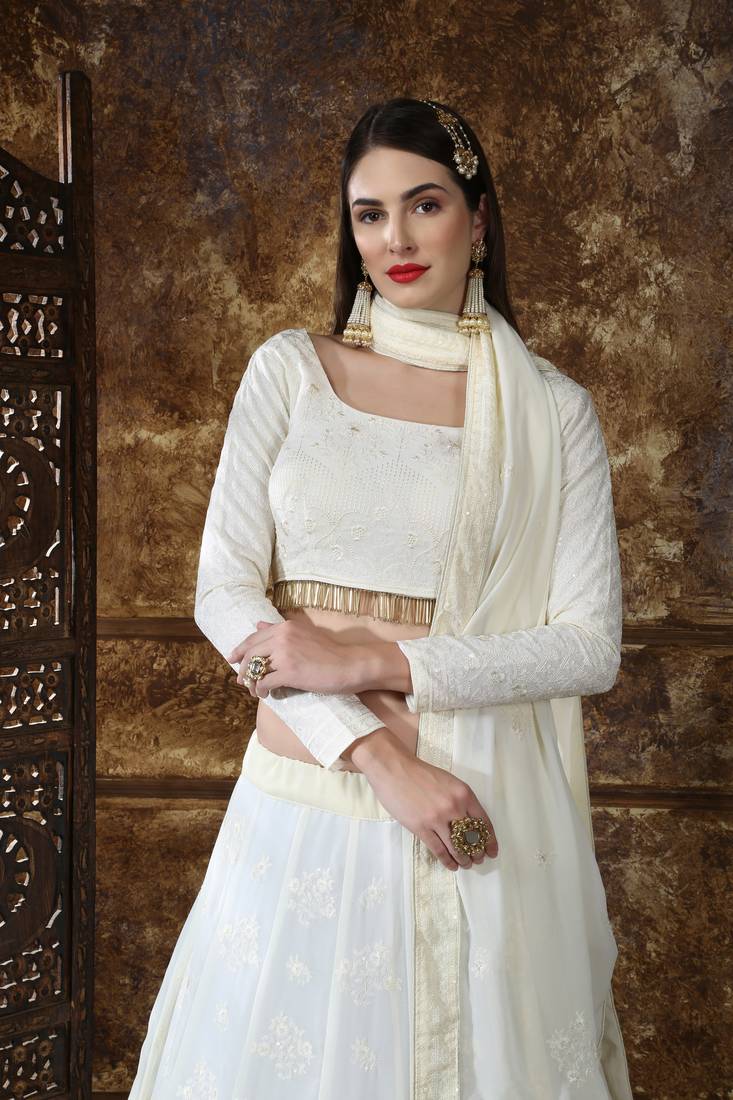 Off White Embroidered Georgette Semi Stitched Lehenga Choli