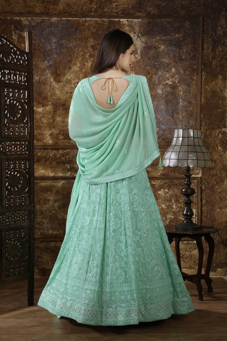 Green Embroidered Georgette Semi Stitched Lehenga Choli