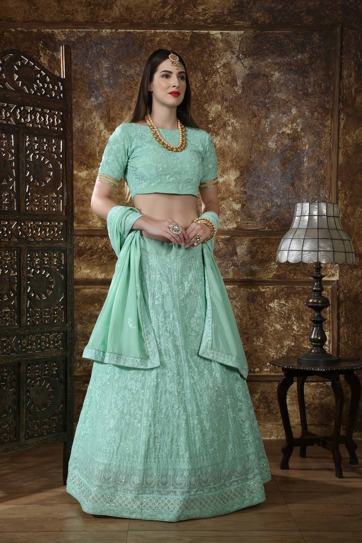 Green Embroidered Georgette Semi Stitched Lehenga Choli