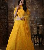 Yellow Embroidered Silk Blend Semi Stitched Lehenga Choli