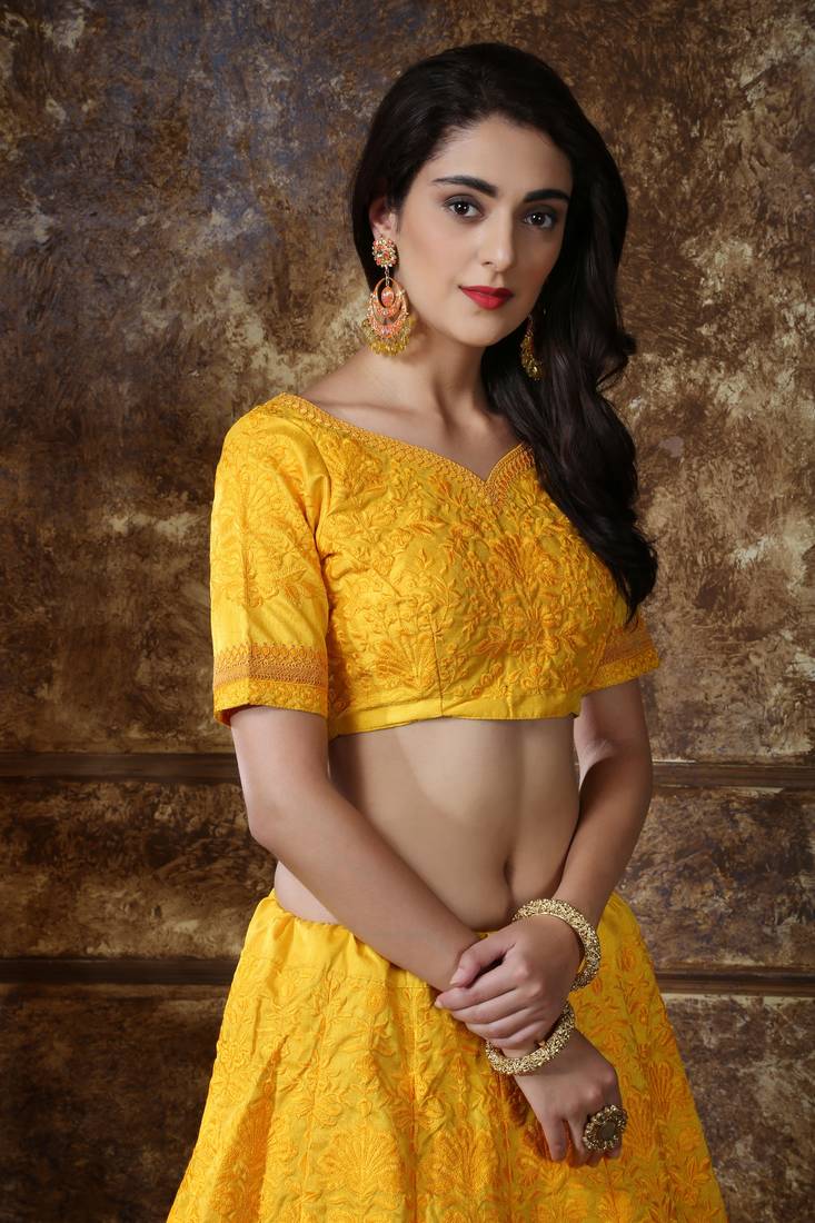 Yellow Embroidered Silk Blend Semi Stitched Lehenga Choli