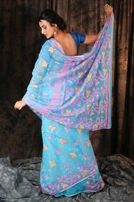 Sky Blue Small Butta Jamdani Wth Floral Border And Pallu 2