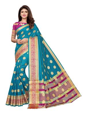 Blue woven poly silk saree with blouse 1