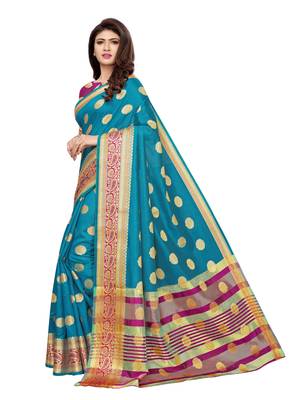 Blue woven poly silk saree with blouse 2
