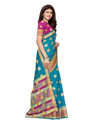 Blue woven poly silk saree with blouse 3