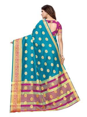 Blue woven poly silk saree with blouse 4