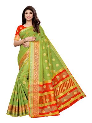 Green woven poly silk saree with blouse 1