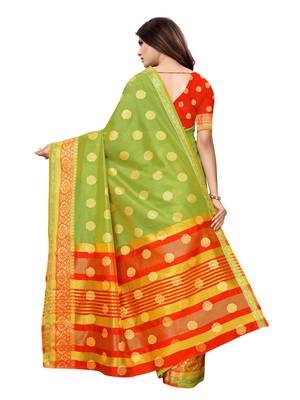 Green woven poly silk saree with blouse 4
