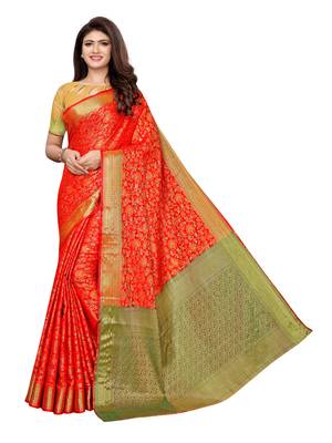 Red woven poly silk saree with blouse 1