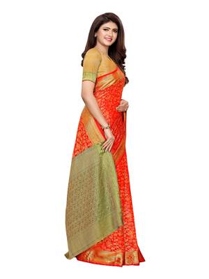 Red woven poly silk saree with blouse 3