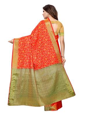 Red woven poly silk saree with blouse 4