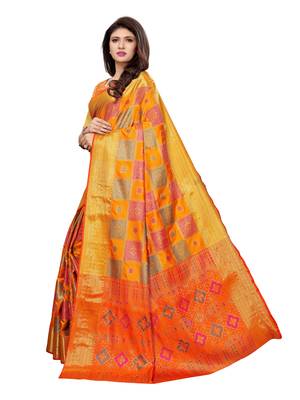 Yellow Woven Poly Silk Saree With Blouse 2