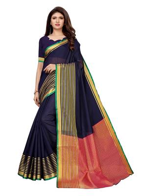 Navy blue woven cotton silk saree with blouse 1