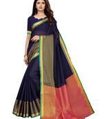 Navy blue woven cotton silk saree with blouse