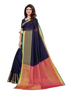 Navy blue woven cotton silk saree with blouse 2
