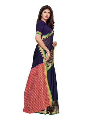 Navy blue woven cotton silk saree with blouse 3
