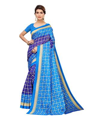 Blue Printed Poly Silk Saree With Blouse 1