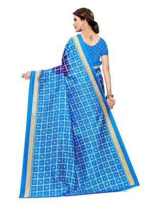 Blue Printed Poly Silk Saree With Blouse 4