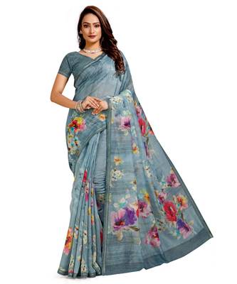 grey digital print chanderi linen saree with blouse 1