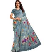 grey digital print chanderi linen saree with blouse