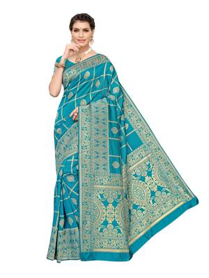 Turquoise woven poly silk saree with blouse 1