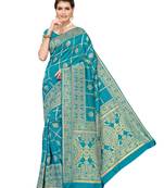 Turquoise woven poly silk saree with blouse