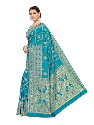 Turquoise woven poly silk saree with blouse 2