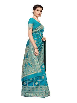 Turquoise woven poly silk saree with blouse 3