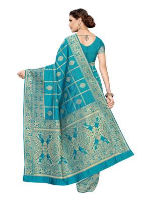 Turquoise woven poly silk saree with blouse 4