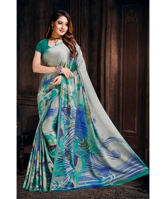 blue printed satin saree with blouse 1