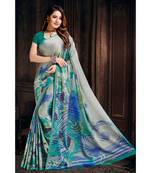 blue printed satin saree with blouse