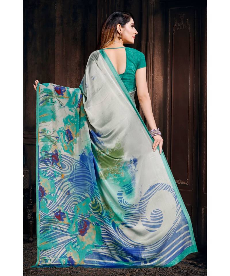 blue printed satin saree with blouse
