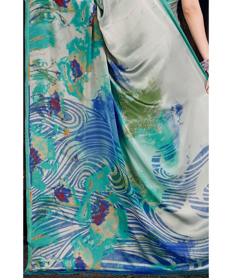blue printed satin saree with blouse