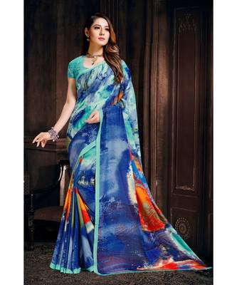 blue printed satin saree with blouse 1