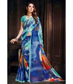 blue printed satin saree with blouse