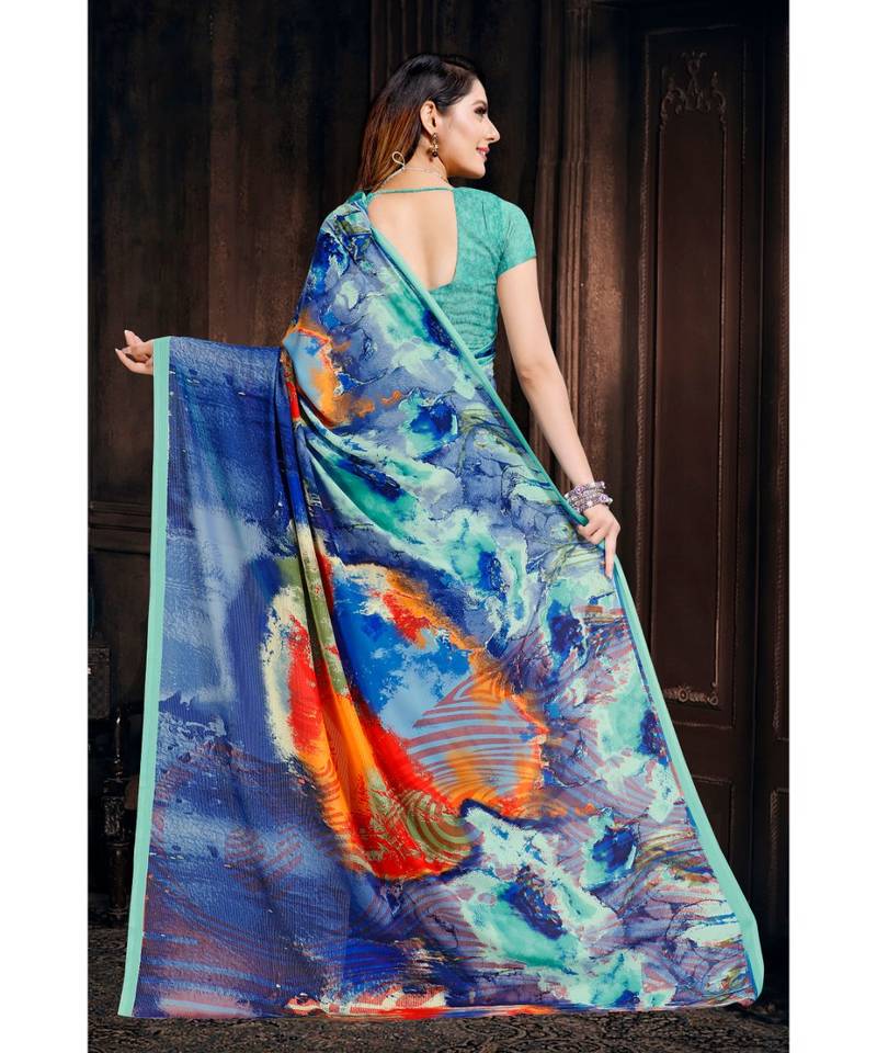 blue printed satin saree with blouse