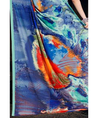 blue printed satin saree with blouse 3