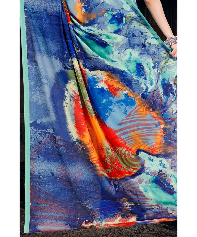 blue printed satin saree with blouse