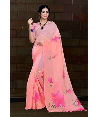 pink digital print organza saree with cotton muslin blouse 1