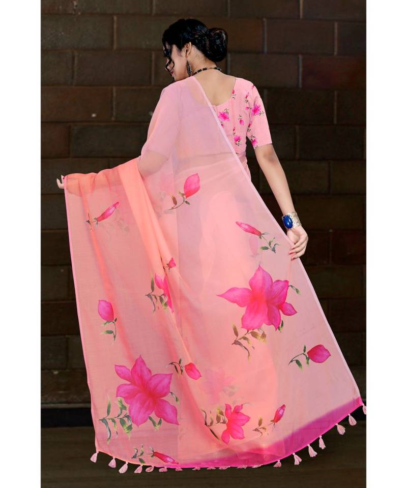 pink digital print organza saree with cotton muslin blouse