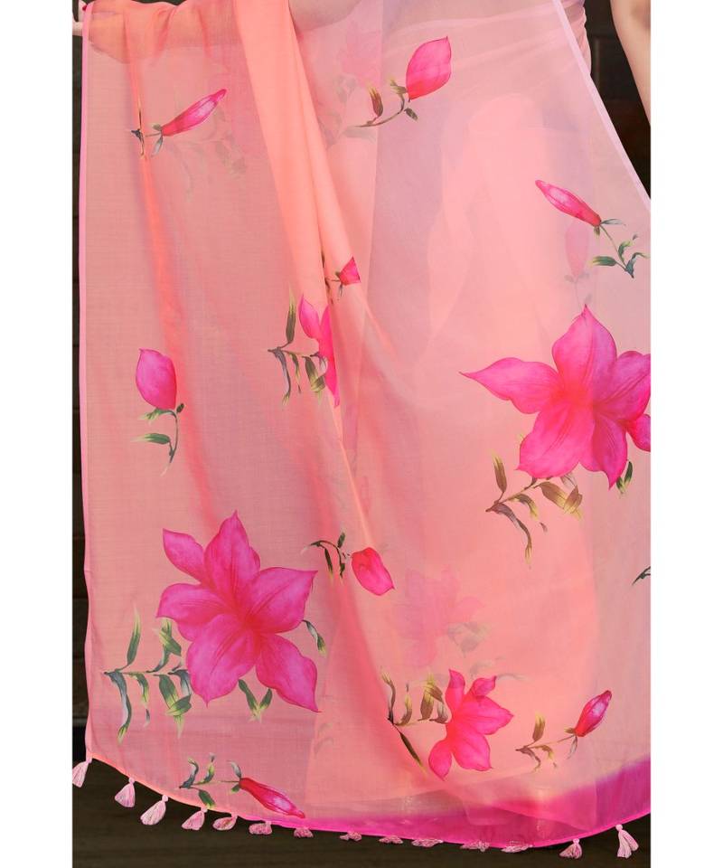 pink digital print organza saree with cotton muslin blouse