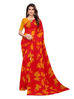 Red printed georgette saree with blouse 1