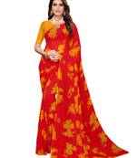 Red printed georgette saree with blouse