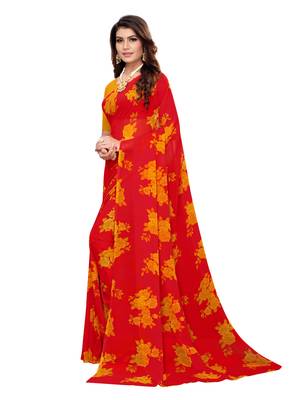 Red printed georgette saree with blouse 2