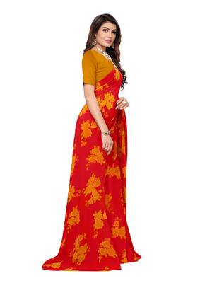 Red printed georgette saree with blouse 3